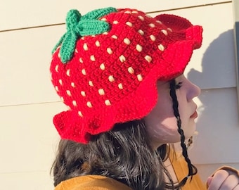 Strawberry Shortcake Hat | Handmade Crochet Fruit Bucket Hat | Crocheted Red Berry Hat | Adorable Slow Fashion Dress-Up Hat