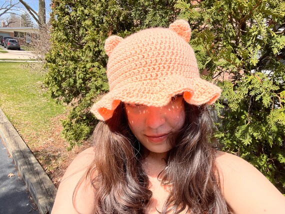 Peach Crochet Teddy Bear Hat Handmade 