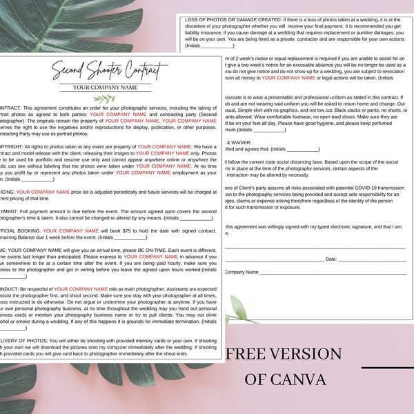 Photography second shooter contract template , editable canva  photography business, digital download, instant download, best seller