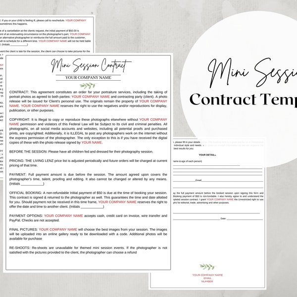 Photography Mini session contract template , editable canva  photography business, digital download, instant download, best seller