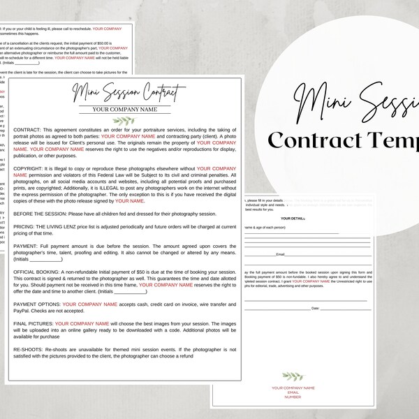 Photography Mini session contract template , editable canva  photography business, digital download, instant download, best seller