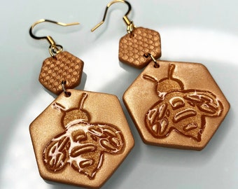 Honey Bee - Gold Hexagon Earrings - Handmade Polymer Clay