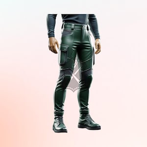 Urban Reinforced Cyber Assassin Gothic Green Leather Cargo Pants – Rugged Combat Biker Trousers with Tactical Moto Styling & Utility Pockets