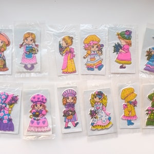 Vintage jaren 1970 Girl Puffy Stickers - Happy Stickers - Bloemenmeisje - Jurk