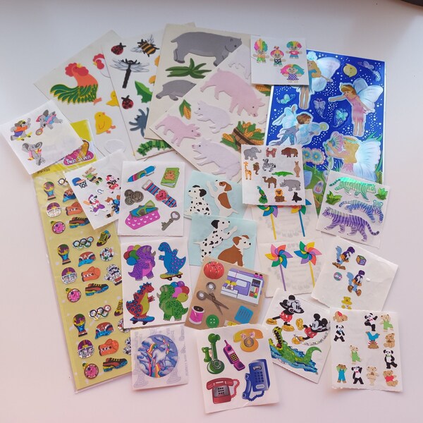 Vintage Sticker Lot - 23 Sticker Sheets - Sandylion - Twin Seven - Grossman - Lisa Frank - Kromekote - Prismatic - Mylar - Pearly - Fuzzy 