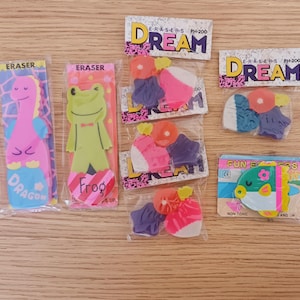Gommes vintage des années 80 et 90 - Gommes mignonnes - Gomme - Gomme coeur - Dragon - Grenouille