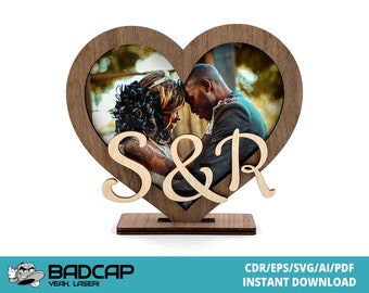 Heart Frame Template For Laser Cut - All letters included - SVG EPS CDR Glowforge Laser Files Download Width 16cm/6,3in