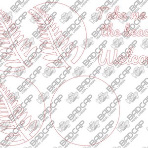 May include: Laser-cut wooden beach-themed decor with the phrases "Take me to the beach" and "Welcome". The design includes fern-like leaf shapes within circular frames. The background features a repeating pattern.