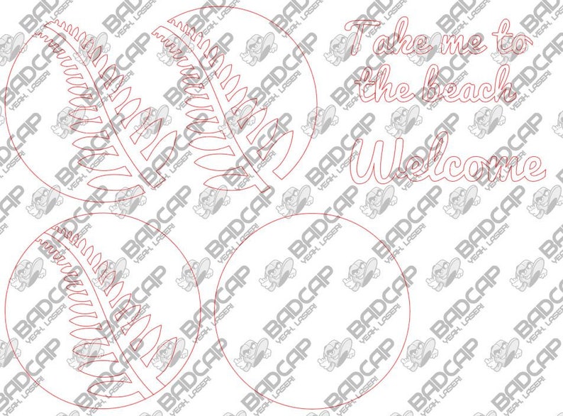 May include: Laser-cut wooden beach-themed decor with the phrases "Take me to the beach" and "Welcome". The design includes fern-like leaf shapes within circular frames. The background features a repeating pattern.