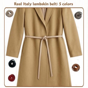 May include: A camel-coloured coat with a matching belt tied at the waist. The image shows five belt colour options: beige, grey, black, red, and brown. Text at the top reads "Real Italy lambskin belt: 5 colours."