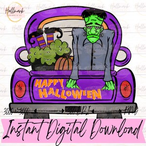 Halloween Truck met heks en Frankenstein | Sublimatie | Instant Digitale Download | PNG-| Halloween |