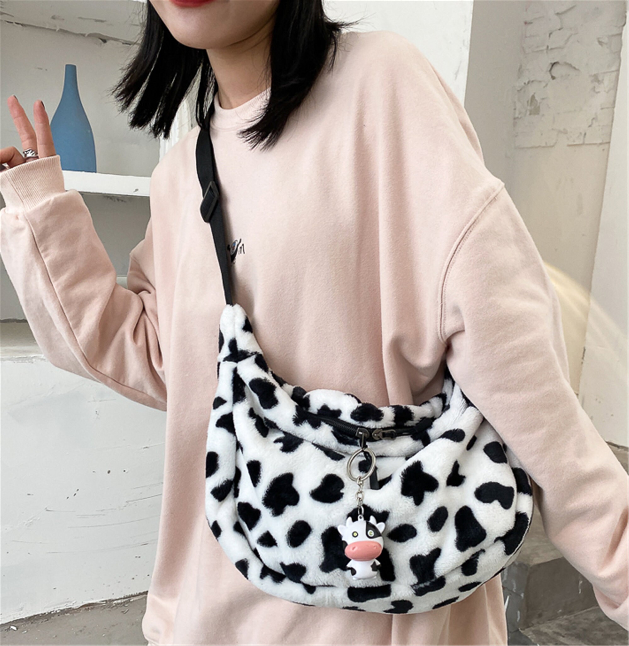 Cow Print Handbag Messenger Bag Plush Shoulder Bag Women | Etsy