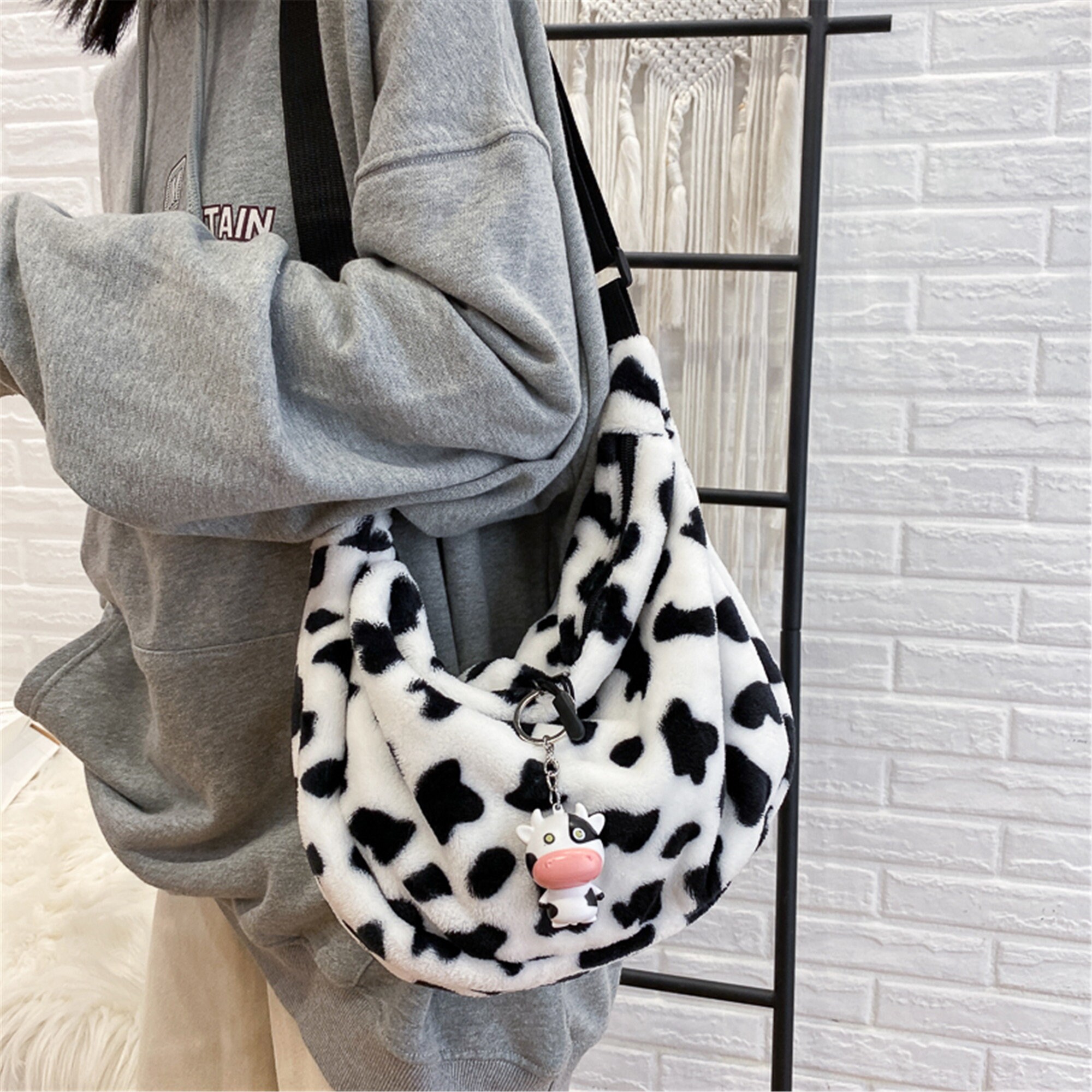 Cow Print Handbag Messenger Bag Plush Shoulder Bag Women Etsy