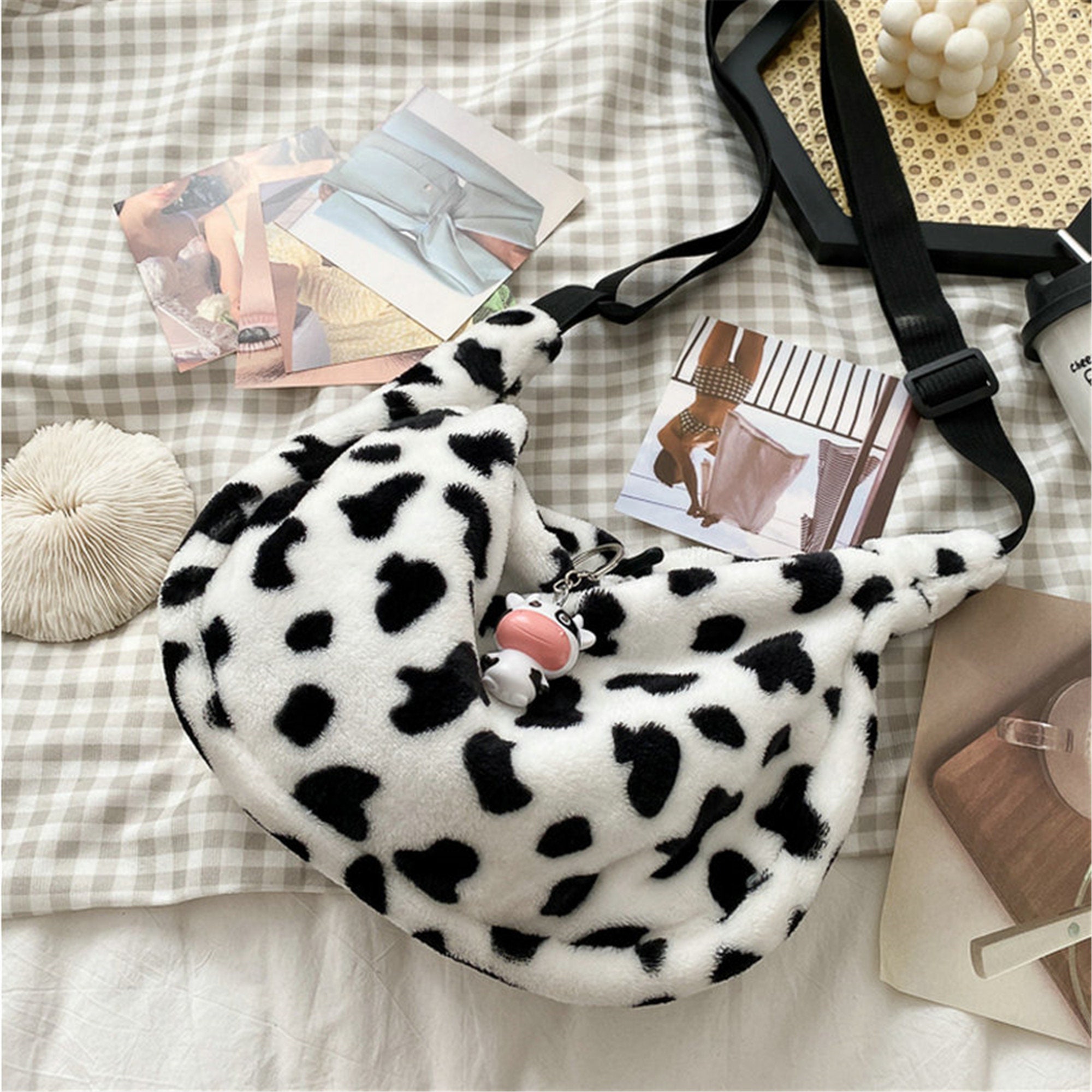 Cow Print Handbag Messenger Bag Plush Shoulder Bag Women Etsy