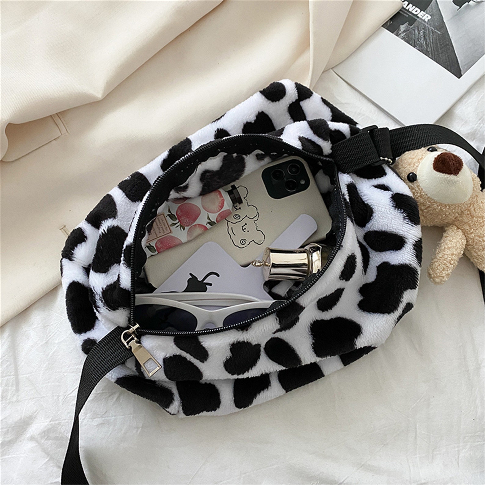 Plush Shoulder Bag Fluffy Cow Print bag Cow Print Fuzzy Etsy
