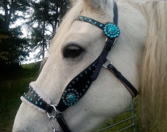 SidePull Bitless Bridle Hand Carving Fancy Stitching White Padding+Reins
