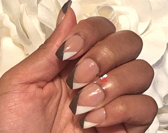 Brown V French tip Nails · Minimalist Nails ·  Neutral Nails · Brown Press on Nails · Coffin Nails · Custom Handmade Nails