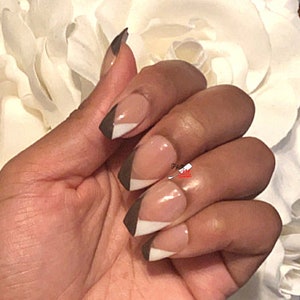 Brown V French tip Nails · Minimalist Nails ·  Neutral Nails · Brown Press on Nails · Coffin Nails · Custom Handmade Nails