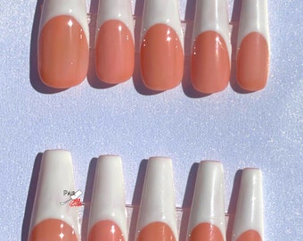Deep Curve French Tip Press on Nails · Press Ons · Almond shape nails · Custom Handmade Nails