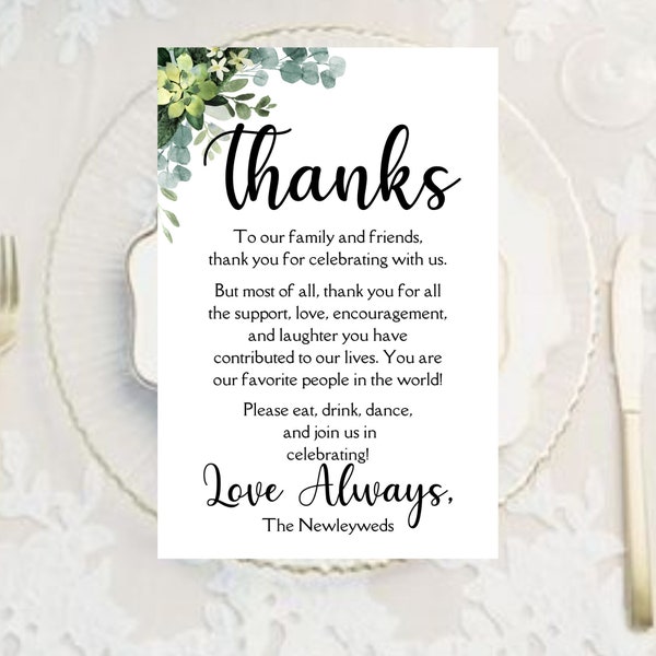 Printed 25 pack Wedding Thank You Place Setting Table Cards — Great Addition to Wedding Reception Decorations, 3x5 Modern Calligraphy Design