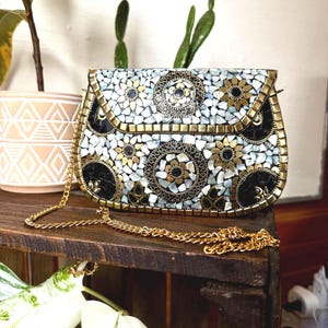 Gold Trim Stone Clutch, Elevated Hippie/Boho Mosaic Purse, Crystal Pursue, Clutch, Stone Clutch