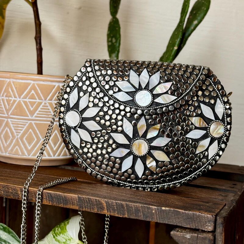 White - Handmade Vintage Metal & Mosaic Stone Clutch / Sling Bag 09