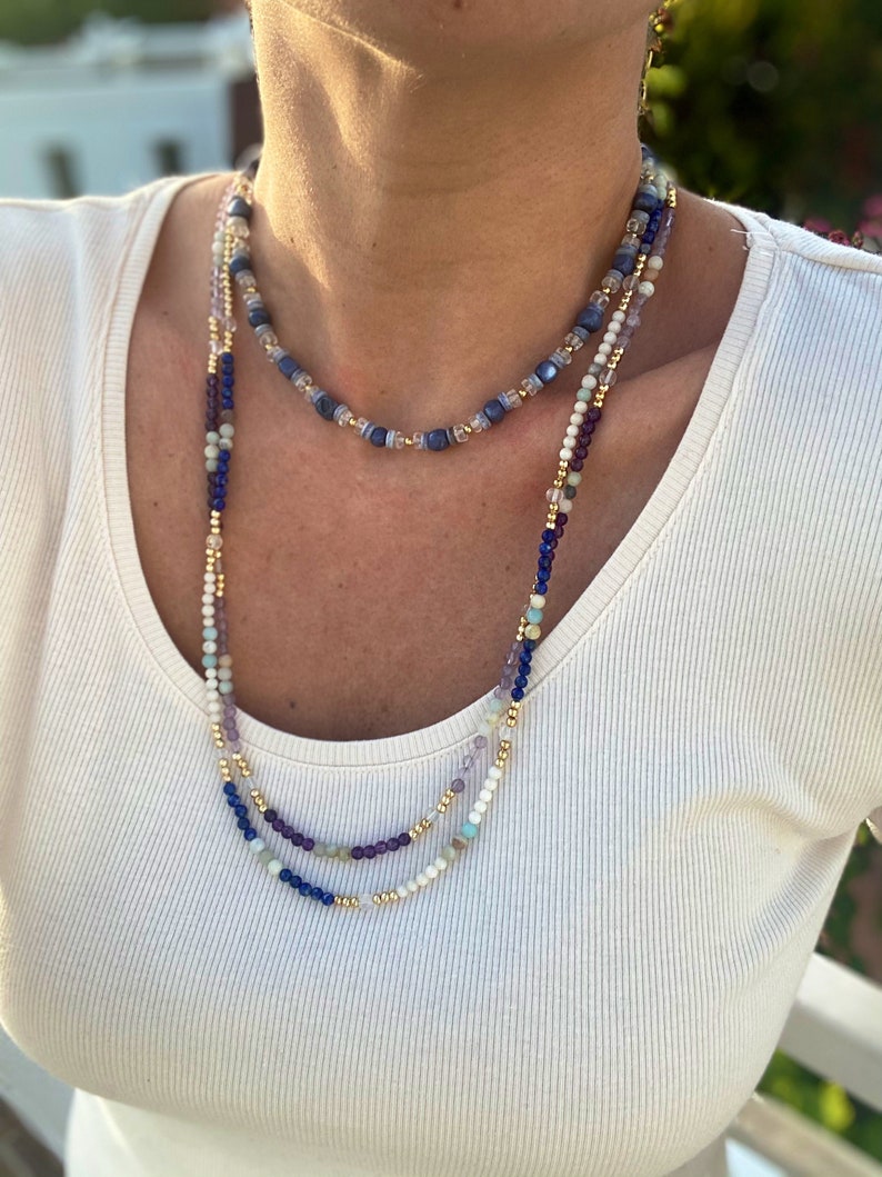 Mazarin crystal quartz and blue pearl gemstones gold plated beaded silver necklace