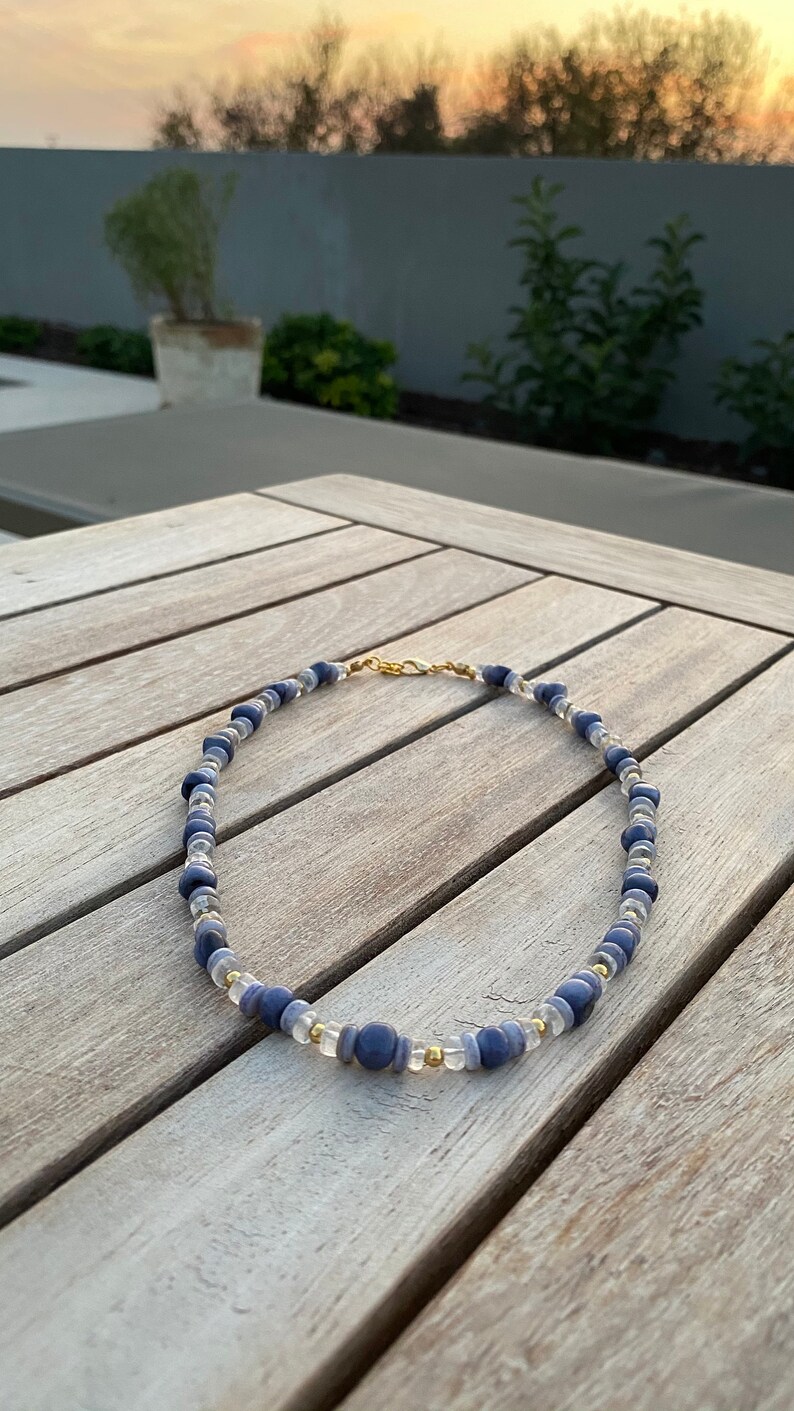 Mazarin crystal quartz and blue pearl gemstones gold plated beaded silver necklace