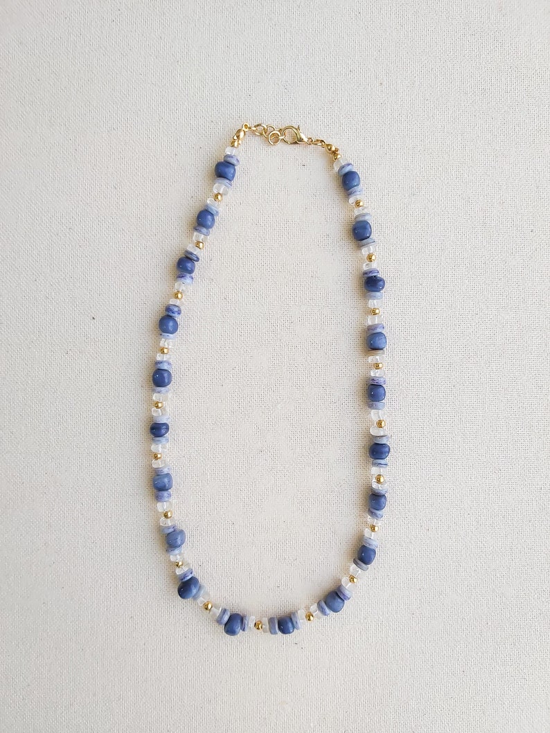 Mazarin crystal quartz and blue pearl gemstones gold plated beaded silver necklace