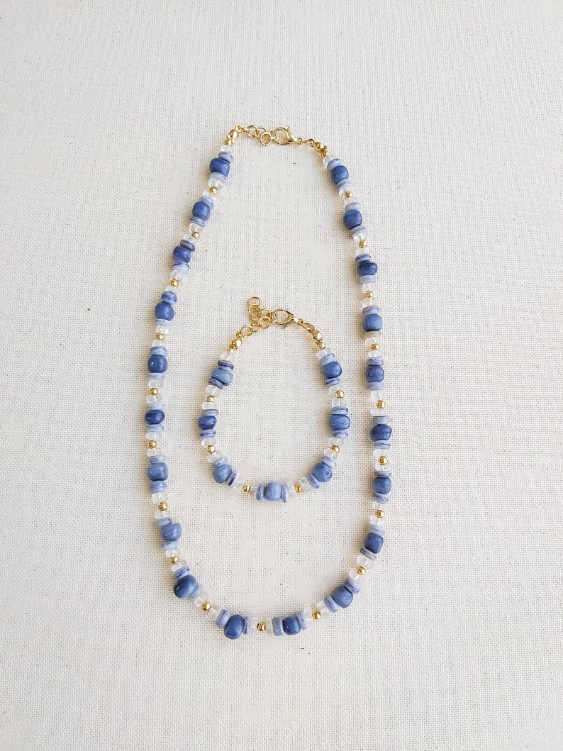 Mazarin crystal quartz and blue pearl gemstones gold plated beaded silver necklace