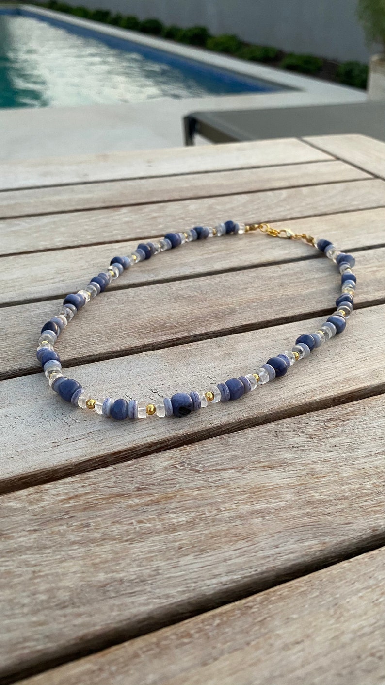Mazarin crystal quartz and blue pearl gemstones gold plated beaded silver necklace