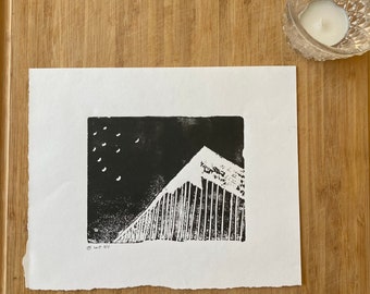 Woodcut with black etching ink. "Peaks".