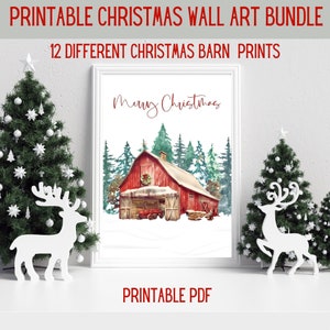 Printable Christmas Barn Wall Art, 12 Festive Barn Scenes for Holiday Greetings, Rustic Christmas Prints, Seasonal Wall Art