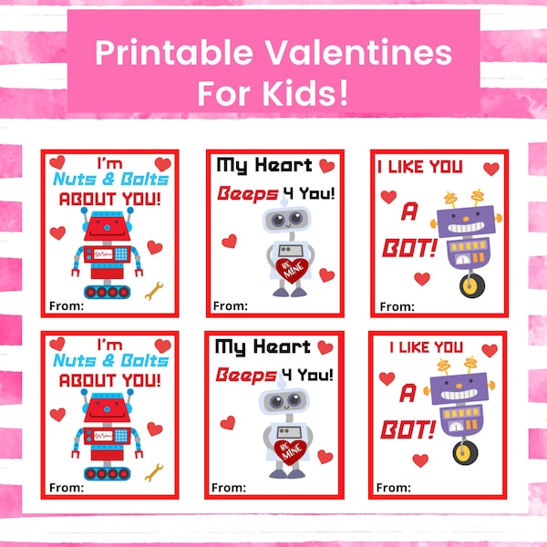 Robot Printable Valentine's Day Cards For Kids, Instant Download, DIY Robot Valentines