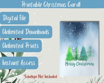 Biglietto di Natale con acquerello stampabile, biglietto con albero di Natale, biglietto di auguri, biglietto digitale, biglietto di auguri, biglietto stagionale, biglietto con alberi di pino, regalo
