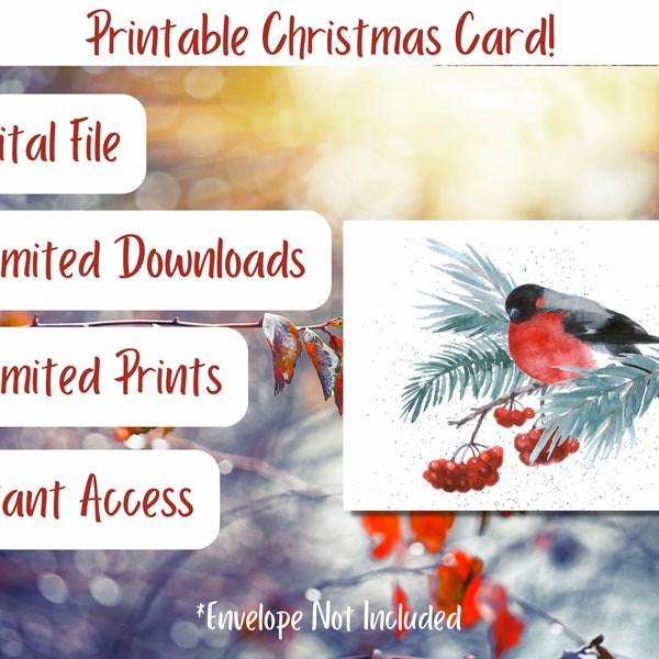 Printable Bird Greeting Card, Digital Card, Christmas Card, Any Occasion Card, Card For Bird Lover, Printable Note Card, Watercolor Bird,