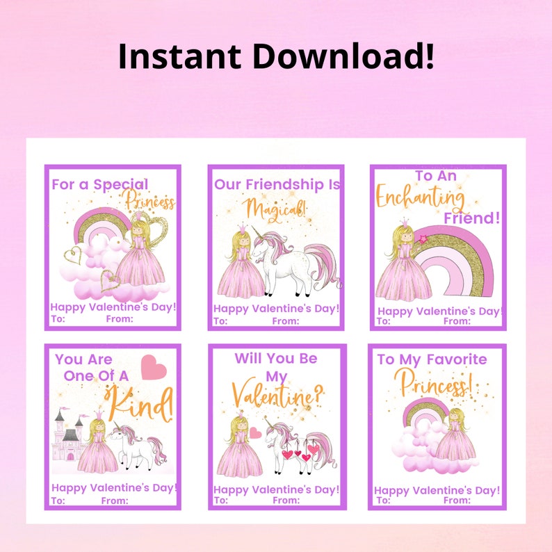 Fairytale Princess Printable Valentine's Day Cards for Kids, Instant ...