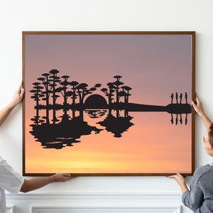 Gitaar silhouet zonsondergang afdrukbare muur kunst, spiegel gitaar kunst, gitaar speler cadeau, natuur thema print, muziekliefhebber ontwerp, muziek kamer kunst