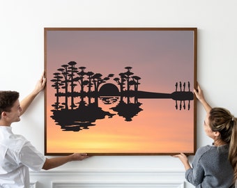 Gitarre Silhouette Sonnenuntergang druckbare Wandkunst, Spiegel Gitarre Kunst, Gitarrist Geschenk, Natur Thema Druck, Musik Liebhaber Design, Musik Zimmer Kunst