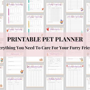 Puede incluir: Planificador de mascotas imprimible con fondo rosa y blanco. El planificador incluye páginas para el entrenamiento de cachorros, el entrenamiento para ir al baño, la socialización, los hitos, el horario del cuidador de mascotas, la información del cuidador de mascotas, el seguimiento del bienestar de las mascotas, el diario de las mascotas, el seguimiento de la pérdida de peso, el seguimiento del crecimiento de las mascotas, la adopción de mascotas, el seguimiento de los paseos, el diccionario de comandos, la lista de deseos de las mascotas y la receta de las golosinas.