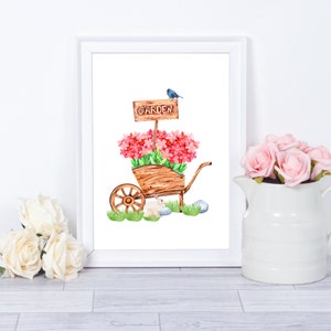 Lente kruiwagen vol bloemen afdrukbare kunst, lentebloemen, afdrukbare kunst, Instant Download, kunst aan de muur tuinieren,
