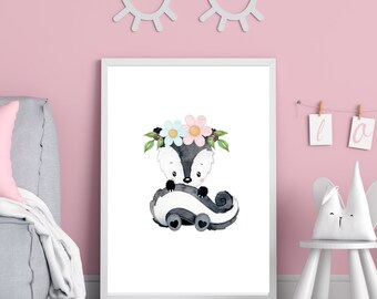 Baby Skunk Printable Nursery Wall Art, Forest Animal Print, Playroom Decor, Baby Animal Print, Girl's Bedroom Decor, Woodland Nursery,