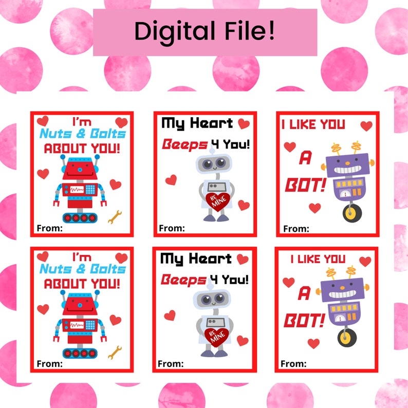 Robot Printable Valentine’s Day Cards for Kids, Instant Download, DIY