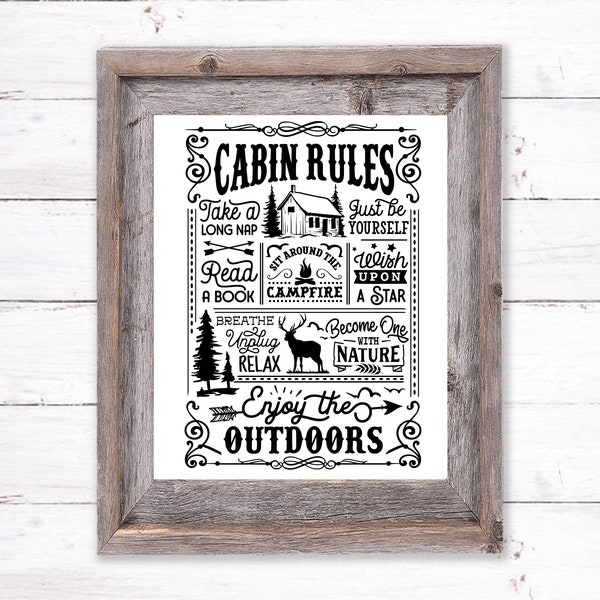 Cabin Rules Printable Wall Art, Lake House Decor, Vacation Art, Entryway Sign, Summer Sign, Cabin Quotes, Cabin Decor, Rustic Cabin Art