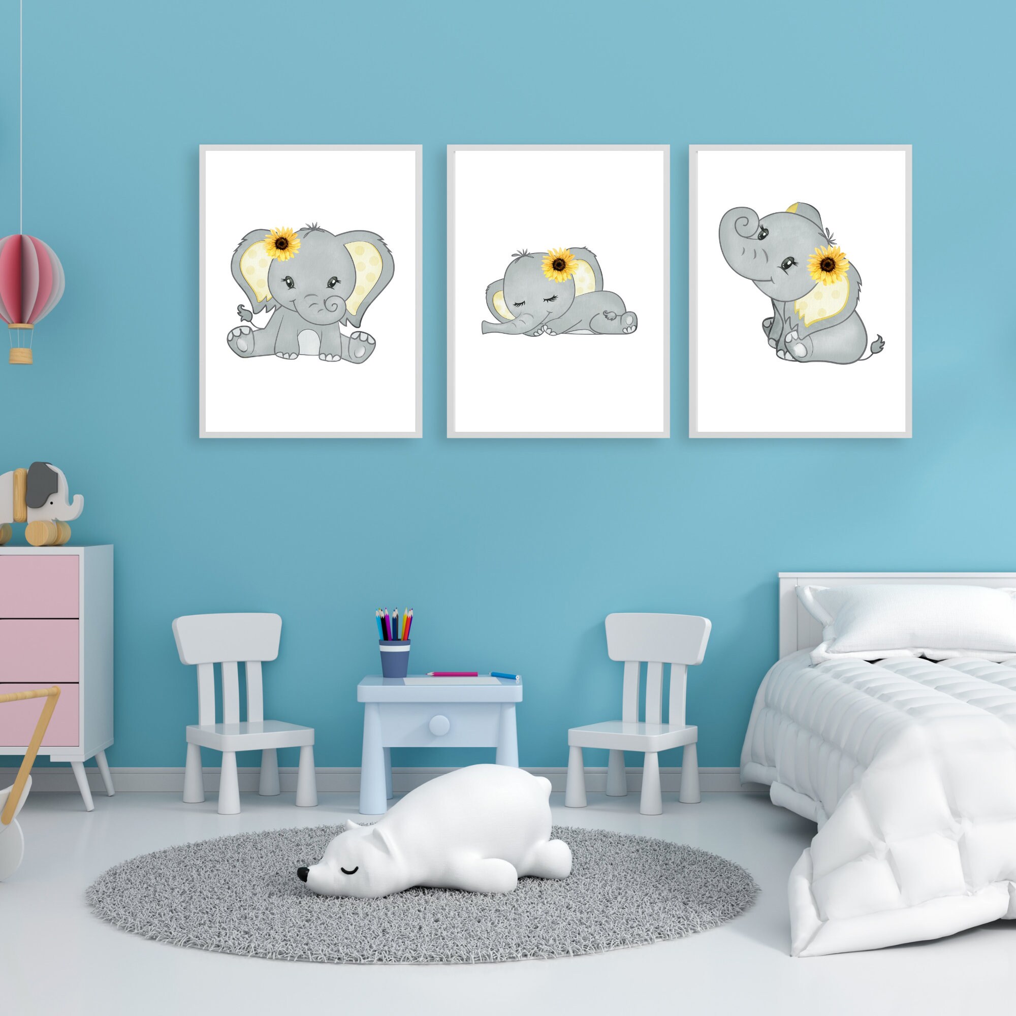 Baby Elephant Set of 3 Printable Wall Art, Instant Download, Gender