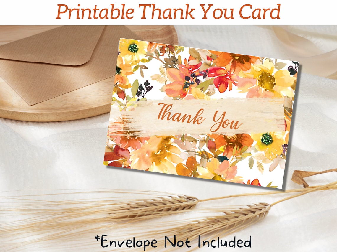 Printable Floral Thank You Card, Note Cards, Autumn Floral Card, Wedding Thank You, Instant ...