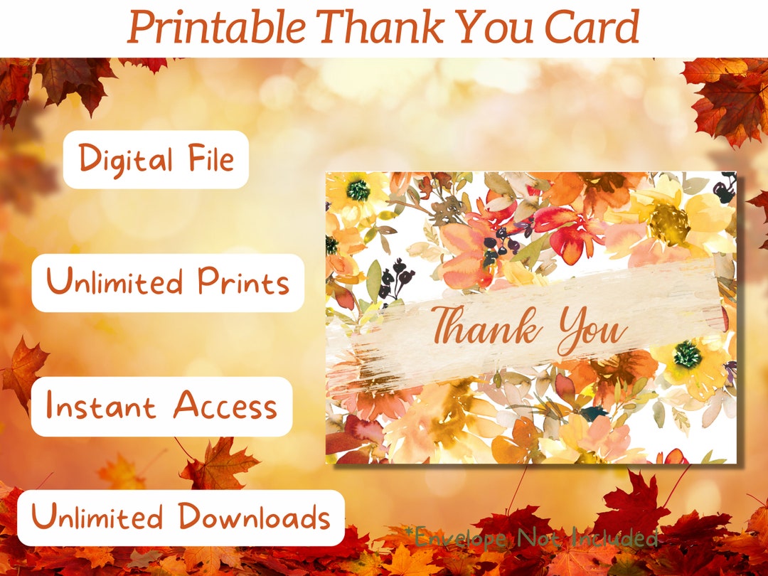 Printable Floral Thank You Card, Note Cards, Autumn Floral Card, Wedding Thank You, Instant ...