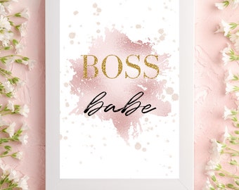 May include: A white framed print with a pink watercolor background and gold glitter text that reads "BOSS babe".