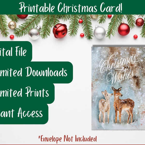 Printable Card, Holiday Card, Christmas Card, Digital Card, Watercolor Christmas, Nature Lover Card, 5x7, Seasons Greetings, Nature Scene