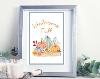 Watercolor Pumpkins Welcome Fall Printable Wall Art, Fall Digital Prints, Autumn Decor, Thanksgiving Art, Fall Boho, Rustic, Farmhouse